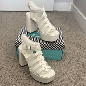 Soda Either White Patent Platform Caged Block Heel Sandals Women's Size 8